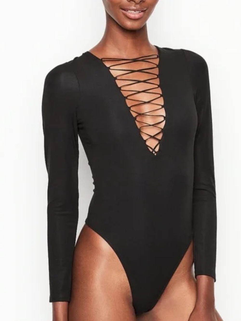 Victoria’s Secret Black Laced Up Thong Bodysuit